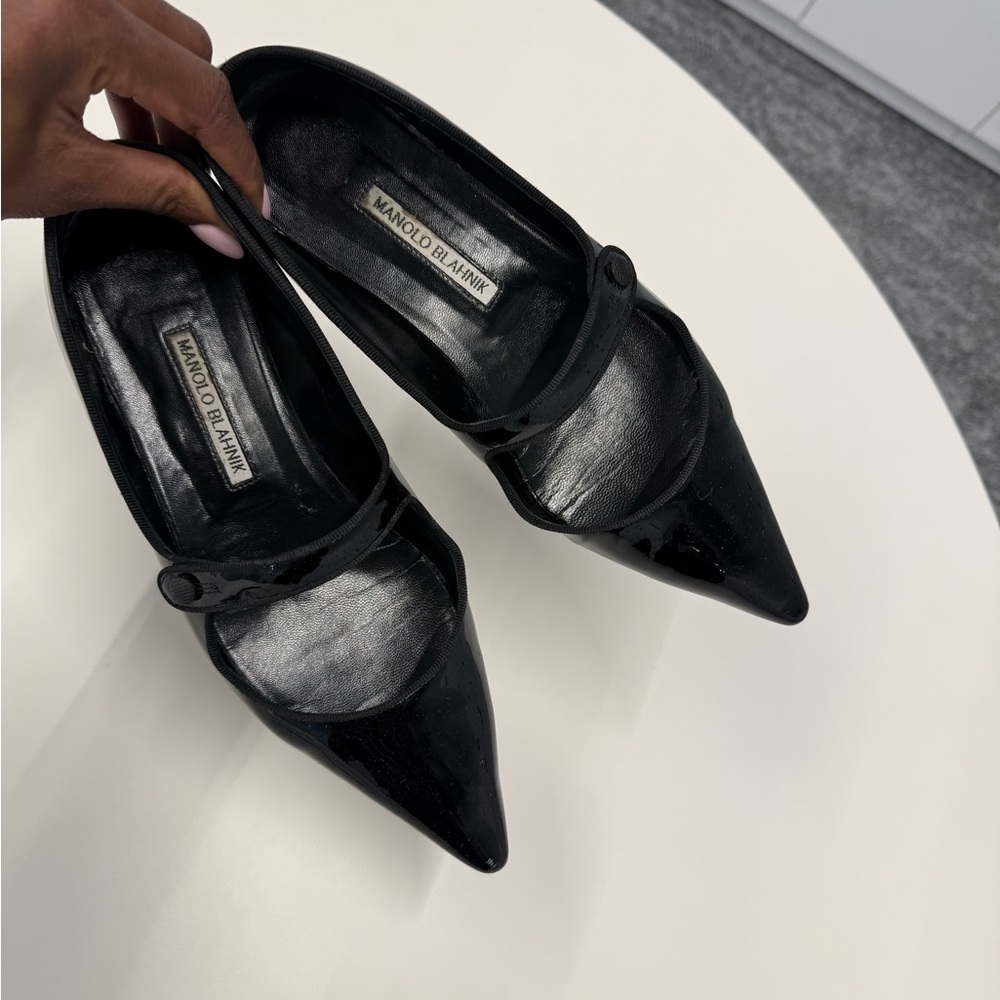 Manolo Blahnik Black Patent Pointed Mary Jane Flats